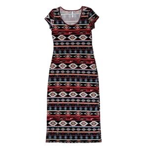 Womens Aztec Print Maxi T-Shirt Dress Large Black Red Blue Navajo Southwestern